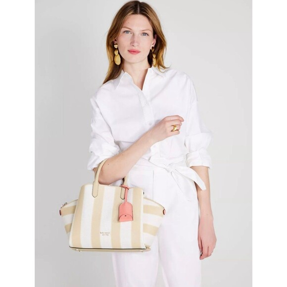 New Kate Spade Avenue Awning Stripe Medium Satchel Warm Stone - Picture 2 of 5